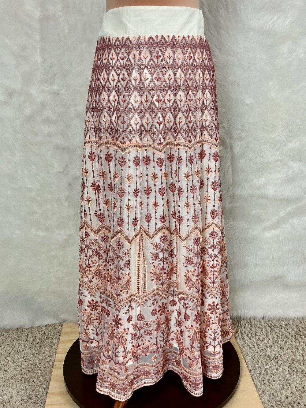 Soft Surroundings Ivory Pink Mauve Floral Embroidered Sequin Inez Maxi Skirt XL